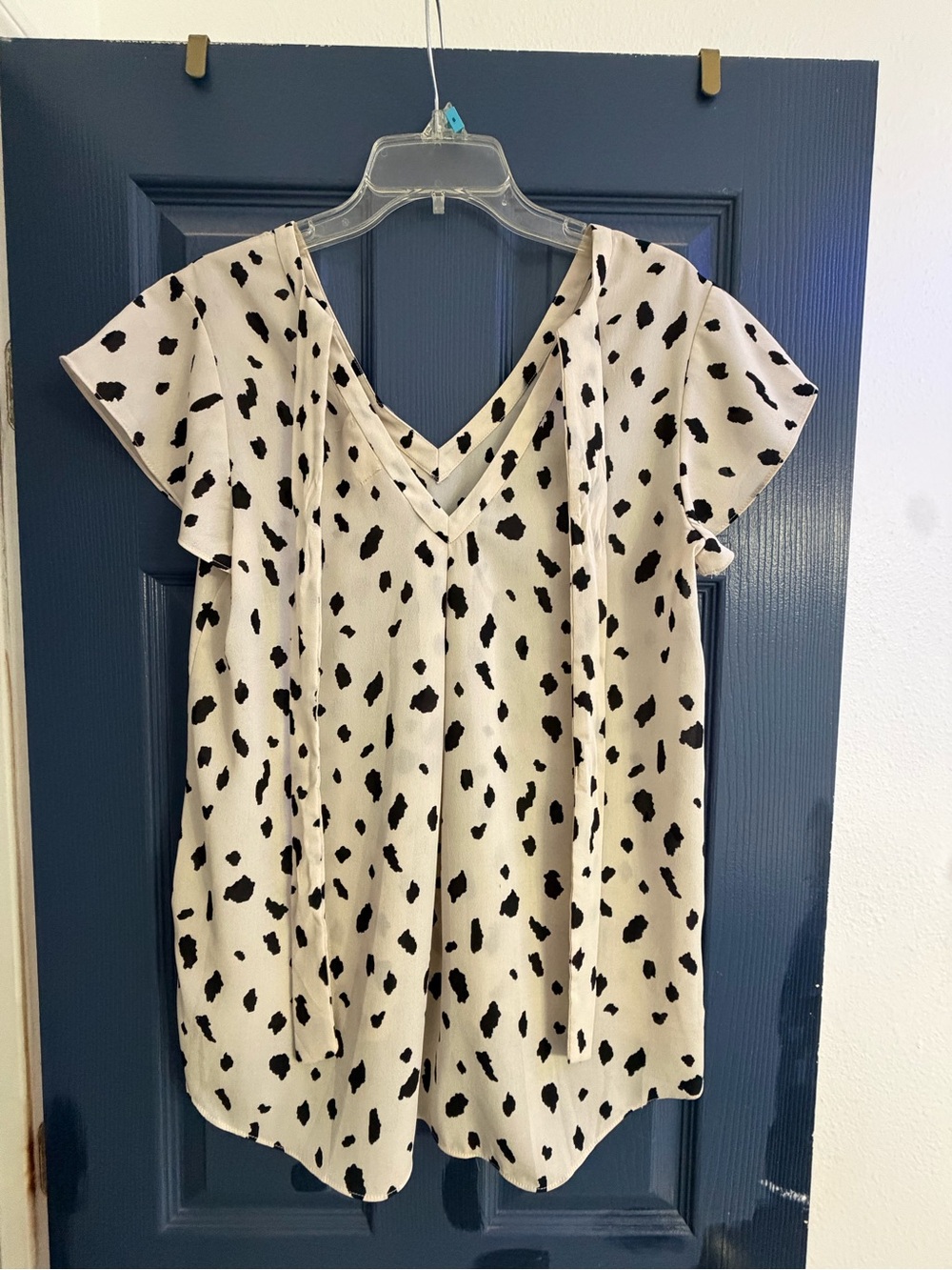 everleigh Cream V-Neck Flutter Sleeve Top with Black Spot Print